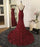 V Neck Mermaid Backless Burgundy Lace Tulle Long Prom Dresses with Train, Burgundy Lace Formal Dresses, Burgundy Evening Dresses
