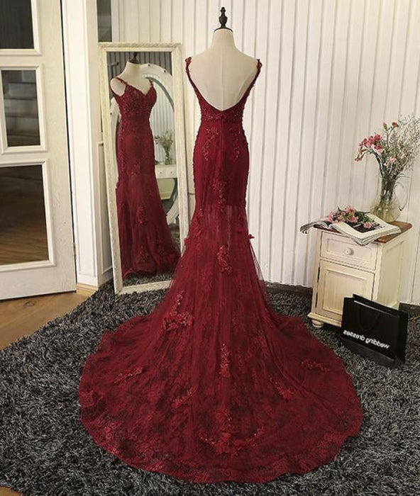 V Neck Mermaid Backless Burgundy Lace Tulle Long Prom Dresses with Train, Burgundy Lace Formal Dresses, Burgundy Evening Dresses