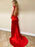 V Neck Mermaid Backless Red Lace Long Prom Dresses with Slit, Mermaid Red Formal Dresses, Red Lace Evening Dresses
