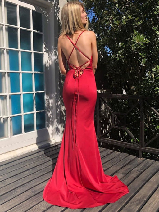 V Neck Mermaid Backless Red Long Prom Dresses, Mermaid Backless Red Formal Graduation Evening Dresses