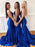 V Neck Mermaid Backless Royal Blue Long Prom Dresses, Royal Blue Mermaid Backless Bridesmaid Dresses, Royal Blue Mermaid Formal Graduation Evening Dresses