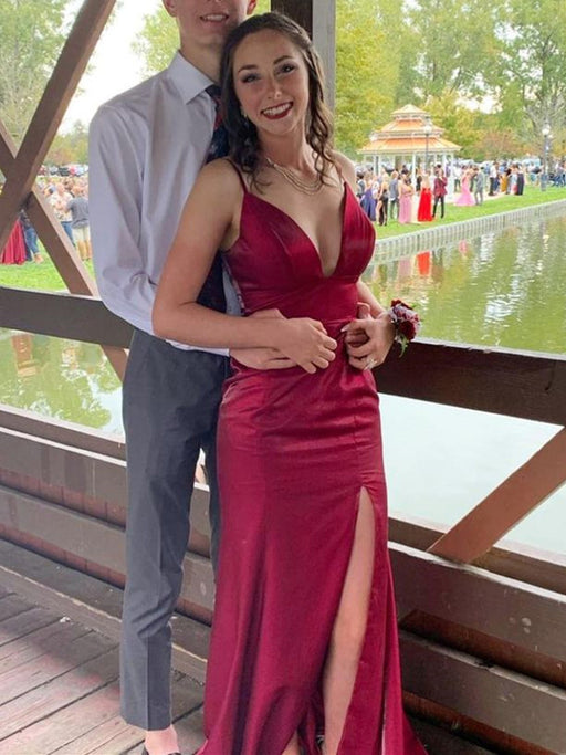 V Neck Mermaid Burgundy Satin Long Prom Dresses with High Slit, Mermaid Burgundy Formal Graduation Evening Dresses 