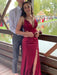V Neck Mermaid Burgundy Satin Long Prom Dresses with High Slit, Mermaid Burgundy Formal Graduation Evening Dresses 