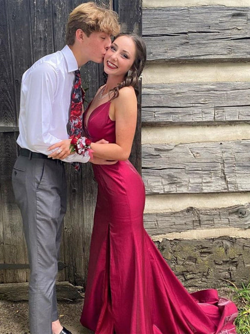 V Neck Mermaid Burgundy Satin Long Prom Dresses with High Slit, Mermaid Burgundy Formal Graduation Evening Dresses 