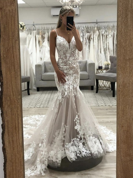 V Neck Mermaid Champagne Lace Long Prom Wedding Dresses, Mermaid Champagne Formal Dresses, Champagne Lace Evening Dresses 
