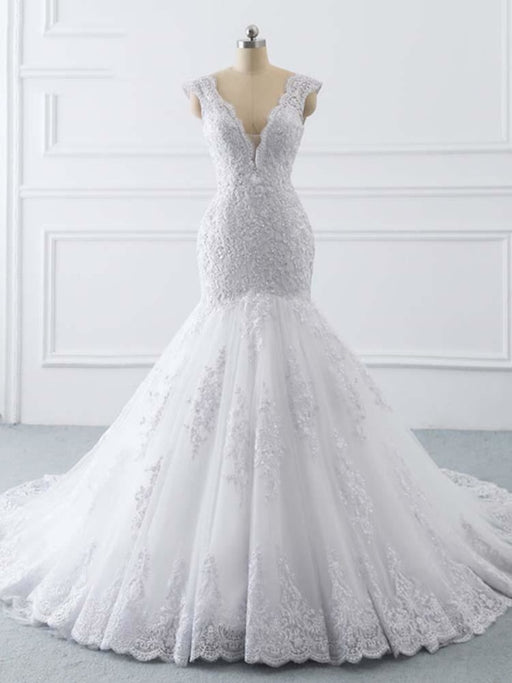 V-Neck Mermaid Lace Wedding Dresses - White / 50cm - wedding dresses