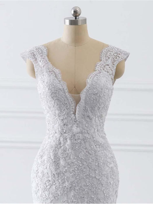 V-Neck Mermaid Lace Wedding Dresses - wedding dresses