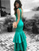V Neck Mermaid Layered Green Satin Long Prom Dresses, V Neck Mermaid Green Formal Dresses, Mermaid Green Evening Dresses
