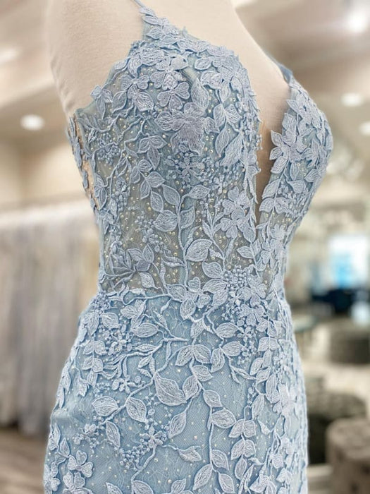 V Neck Mermaid Light Blue Lace Short Prom Dresses, Mermaid Light Blue Bridelily V Neck Mermaid Light Blue Lace Short Prom Dresses, Mermaid Light Blue Bridelily