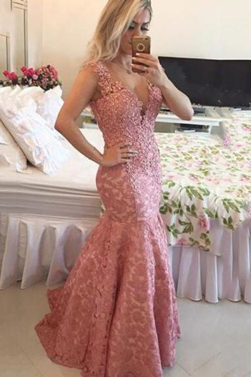 V-Neck Mermaid Prom Dress Lace Appliques Evening Gowns with Beadings - Prom Dresses
