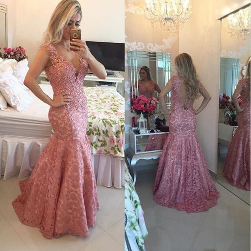 V-Neck Mermaid Prom Dress Lace Appliques Evening Gowns with Beadings - Prom Dresses