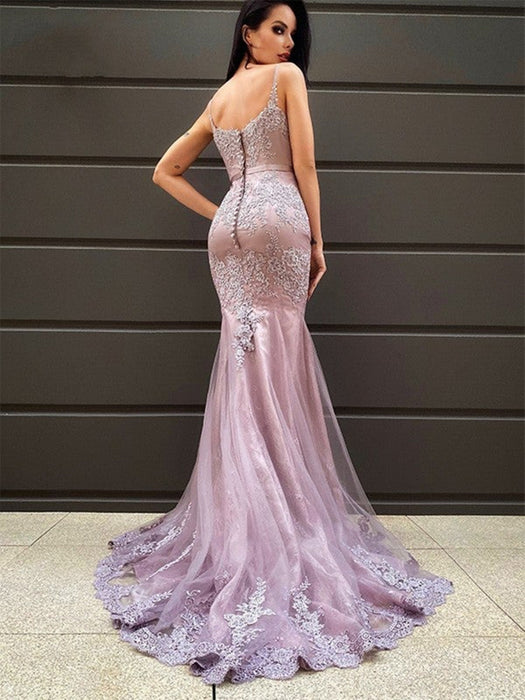 V Neck Mermaid Purple Lace Long Prom Dresses, Mermaid Purple Formal Dresses, Purple Lace Evening Dresses 