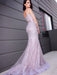 V Neck Mermaid Purple Lace Long Prom Dresses, Mermaid Purple Formal Dresses, Purple Lace Evening Dresses 