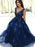V Neck Navy Blue Lace Long Prom Dresses, Navy Blue Lace Formal Dresses, Lace Floral Evening Dresses SP271