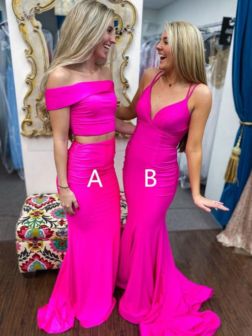 V Neck Off Shoulder Two Pieces Mermaid Long Hot Pink Prom Dresses, Off Shoulder Mermaid Hot Pink Formal Dresses, 2 Pieces Mermaid Hot Pink Evening Dresses