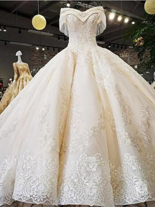 V-Neck Off-the-Shoulder Ball Gown Wedding Dresses Beaded Appliques - Ivory / Long train - wedding dresses
