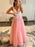 V Neck Open Back Beaded Pink Tulle Lace Long Prom Dresses, Floor Length Pink Formal Graduation Evening Dresses 