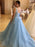 V Neck Open Back Blue Lace Long Prom Dresses, Blue Tulle Formal Dresses, Blue Lace Evening Dresses 