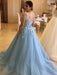 V Neck Open Back Blue Lace Long Prom Dresses, Blue Tulle Formal Dresses, Blue Lace Evening Dresses 