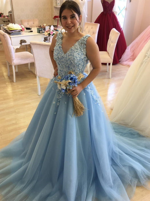 V Neck Open Back Blue Lace Long Prom Dresses, Blue Tulle Formal Dresses, Blue Lace Evening Dresses 