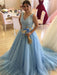 V Neck Open Back Blue Lace Long Prom Dresses, Blue Tulle Formal Dresses, Blue Lace Evening Dresses 