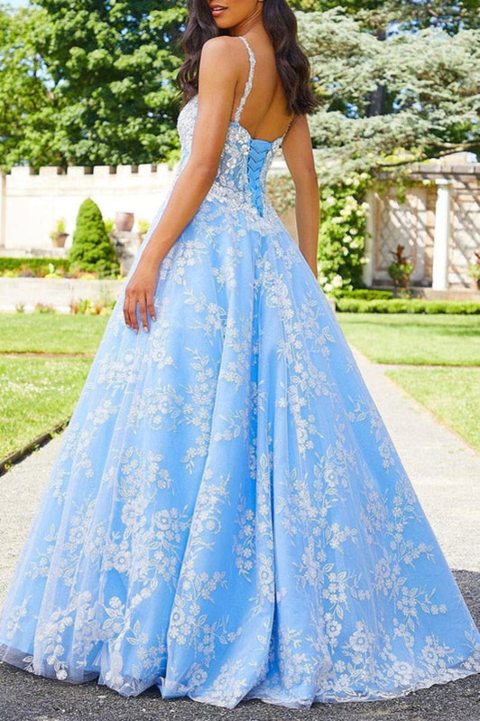 V Neck Open Back Blue Long Prom Dresses with Lace Appliques, Blue Lace ...