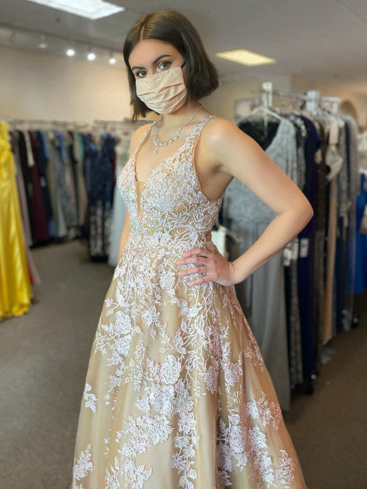 V Neck Open Back Champagne Tulle Lace Long Prom Dresses, Champagne Lace Formal Graduation Evening Dresses 