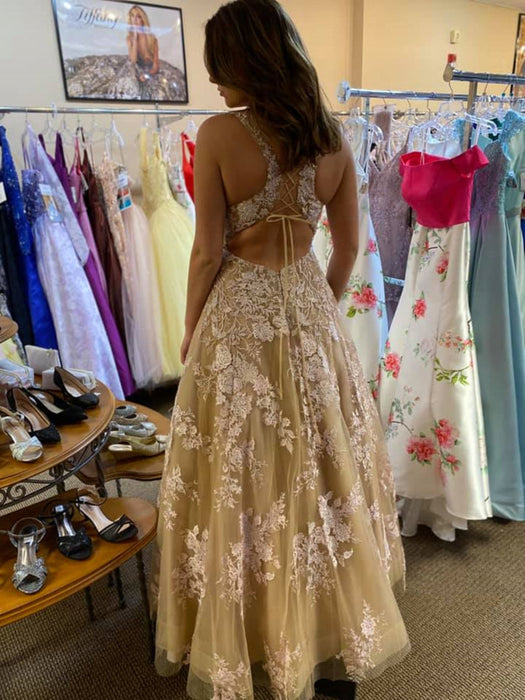V Neck Open Back Champagne Tulle Lace Long Prom Dresses, Champagne Lace Formal Graduation Evening Dresses 