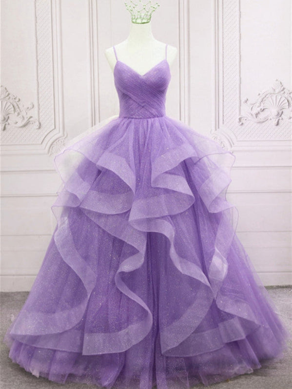Purple v neck tulle long prom dress full of charm evening dress