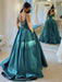 V Neck Open Back Green Satin Long Prom Dresses, V Neck Green Formal Dresses, Green Evening Dresses 