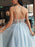V Neck Open Back Light Blue Floral Long Prom Dresses, V Neck Light Blue Formal Evening Dresses with Flowers 