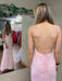 V Neck Open Back Mermaid Pink Lace Appliques Long Prom Dresses, Mermaid Pink Formal Dresses, Pink Lace Evening Dresses 