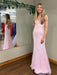 V Neck Open Back Mermaid Pink Lace Appliques Long Prom Dresses, Mermaid Pink Formal Dresses, Pink Lace Evening Dresses 