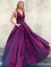 V Neck Open Back Purple Lace Long Prom Dresses, Purple Lace Formal Graduation Evening Dresses