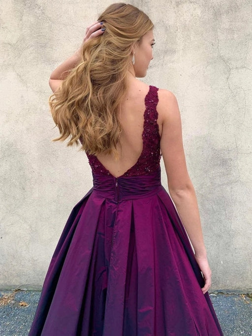 V Neck Open Back Purple Lace Long Prom Dresses with Pockets, V Neck Purple Lace Formal Dresses, Lace Purple Evening Dresses