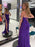 V Neck Open Back Purple Sequins Long Prom Dresses, High Slit Purple Formal Graduation Evening Dresses 