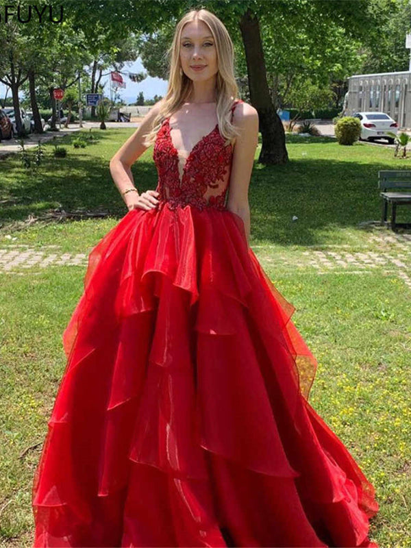Graceful Long A-line V-neck Open Back Lace Red Prom Dress main image 0