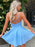 V Neck Open Back Short Blue Prom Dresses, Backless Blue Homecoming Dresses, Blue Formal Evening Dresses