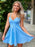 V Neck Open Back Short Blue Prom Dresses, Backless Blue Homecoming Dresses, Blue Formal Evening Dresses