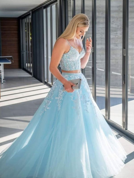 V Neck Open Back Two Pieces Blue Lace Long Prom Dresses, 2 Pieces Blue — Bridelily V Neck Open Back Two Pieces Blue Lace Long Prom Dresses, 2 Pieces Blue — Bridelily