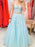 V Neck Open Back Two Pieces Blue Lace Long Prom Dresses, 2 Pieces Blue Formal Dresses, Blue Lace Evening Dresses 