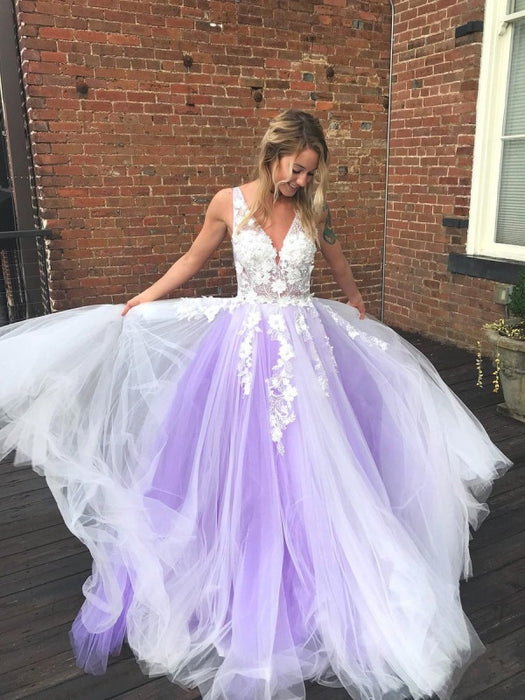 V Neck Open Back White Lace Appliques Top Purple Tulle Long Prom Dresses, Lace Purple Formal Dresses, Evening Dresses 2019