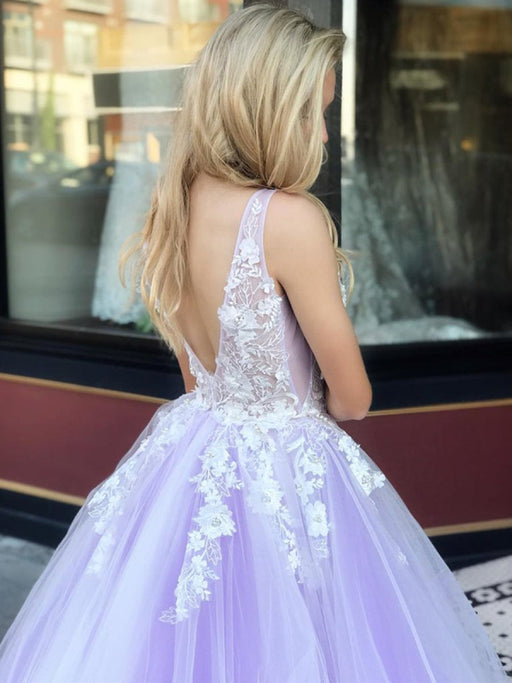 V Neck Open Back White Lace Appliques Top Purple Tulle Long Prom Dresses, Lace Purple Formal Dresses, Evening Dresses 2019