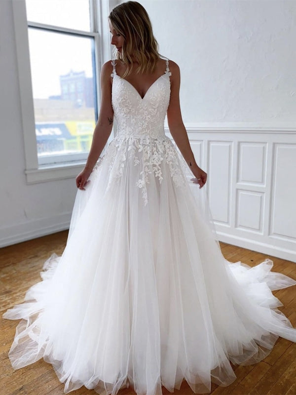 V Neck Open Back White Lace Long Prom Dresses, White Lace Wedding Dresses, White Formal Evening Dresses 