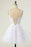 V Neck Open Back White Lace Short Prom Homecoming Dresses, White Lace Formal Graduation Evening Dresses 