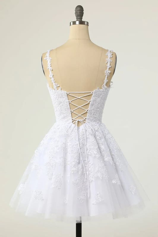 A Line V Neck White Lace Short Prom Dress, Short White Lace Formal Graduation Homecoming Dress