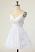 V Neck Open Back White Lace Short Prom Homecoming Dresses, White Lace Formal Graduation Evening Dresses 