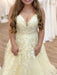 V Neck Open Back Yellow Lace Floral Long Prom Dresses, Yellow Lace Formal Dresses, Yellow Evening Dresses