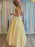 V Neck Open Back Yellow Lace Tulle Long Prom Dresses Yellow Lace Formal Graduation Evening Dresses - Prom Dress