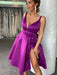 V Neck Purple Short Prom Homecoming Dresses with High Slit, Short Purple Formal Graduation Evening Dresses 